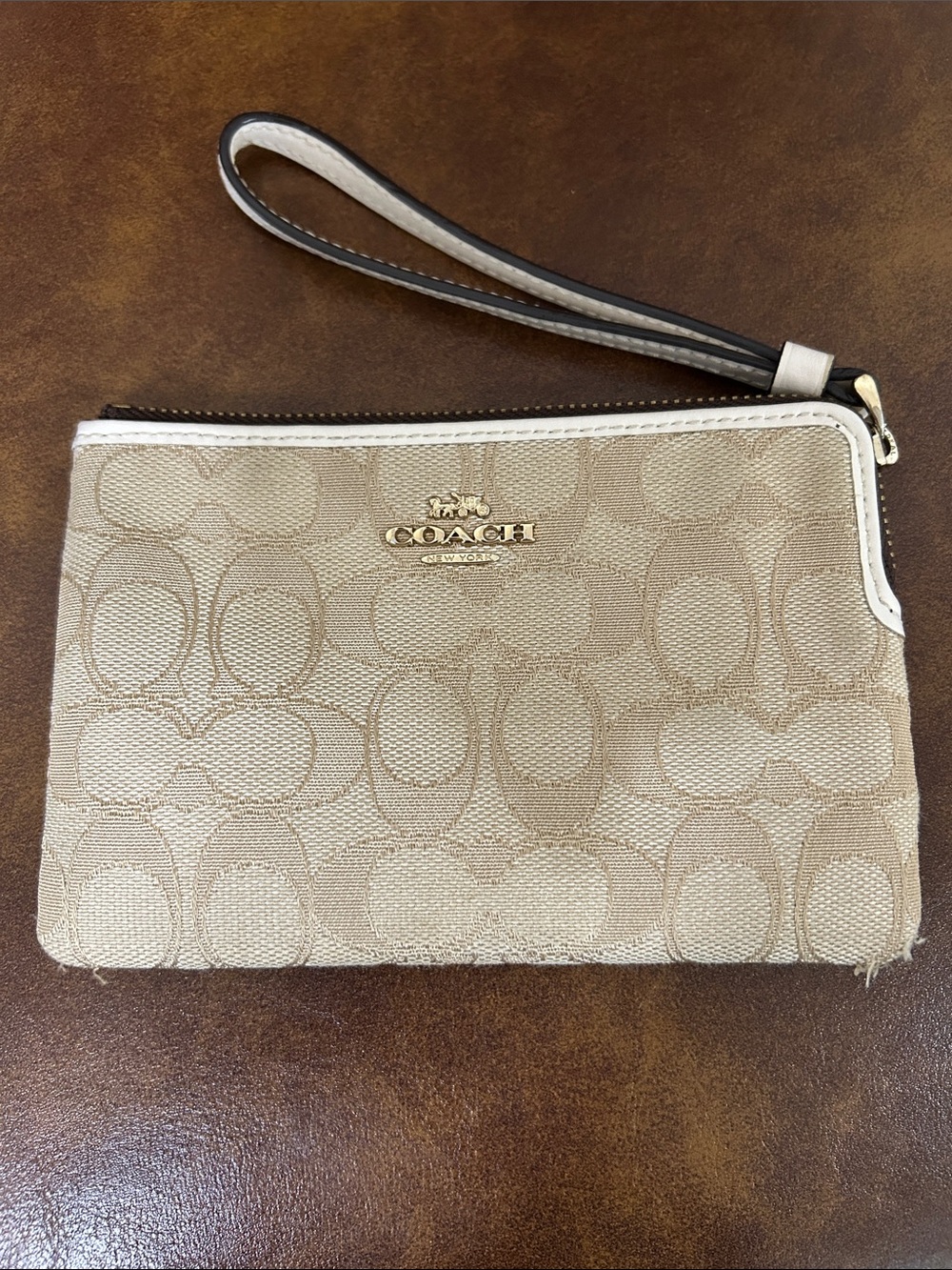 Coach Beige Signature Wristlet Clutch with Gold Logo